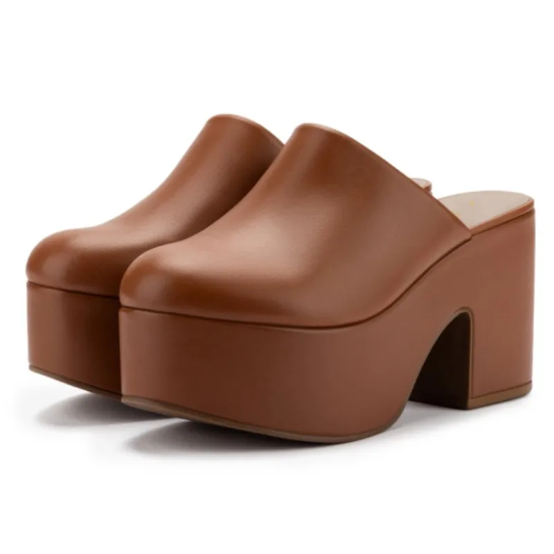 

SHOFOO Fashionable women's high-heeled slippers. Brown leather slippers. Closed toe slippers. About 11cm heel height. SIZE:34-46