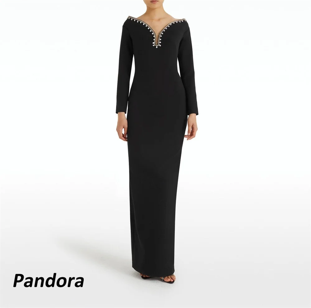 

Pandora Black V Neck Saudi Prom Dress Crystal Long Sleeves Mermaid Evening Dress with Slit Women Wedding Party Gowns