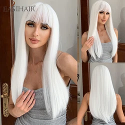 EASIHAIR Long Straight White Synthetic Wigs for Afro Women with Bangs Daily Cosplay Hair Natural Wigs Heat Resistant Fiber Wig