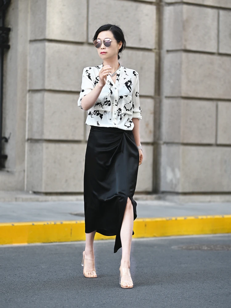 

Silky Skin-Friendly Tee-acetate Double-sided Satin Asymmetrical Split f-length Skirt for Women Commute OL Sle