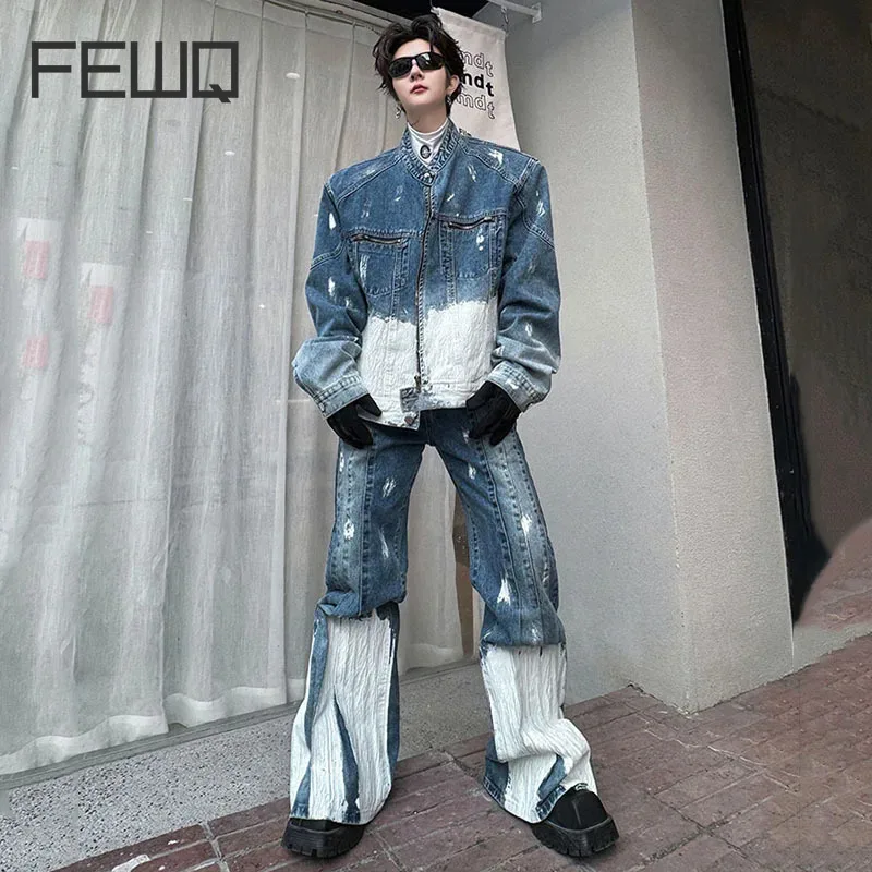 FEWQ Men's Denim Suit Casual Multi-zipper Wide Leg Pants Design Stand Collar Patchwork Male Jacket Contrast Color Men New 9C4747