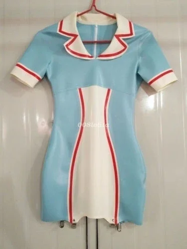 Masquerade PartyGummi Women Skirt Latex Rubber Sexy Dress Light Blue Uniform Suit XS-XXL Party