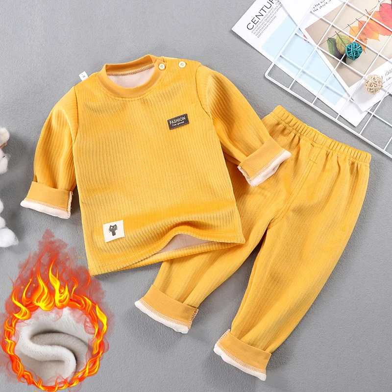 Baby Warm Underwear Sets Autumn Winter Plus Velvet Thicken Outfits Kids Costume Soft Comfortable Top And Pants 2Pcs Child Suit