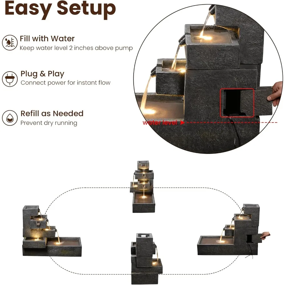 نافورة الماء في الهواء الطلق حديقة شلال قائم بذاته تتالي نوافير متدرجة ميزة المياه مع أضواء LED للفناء الخلفي #4
