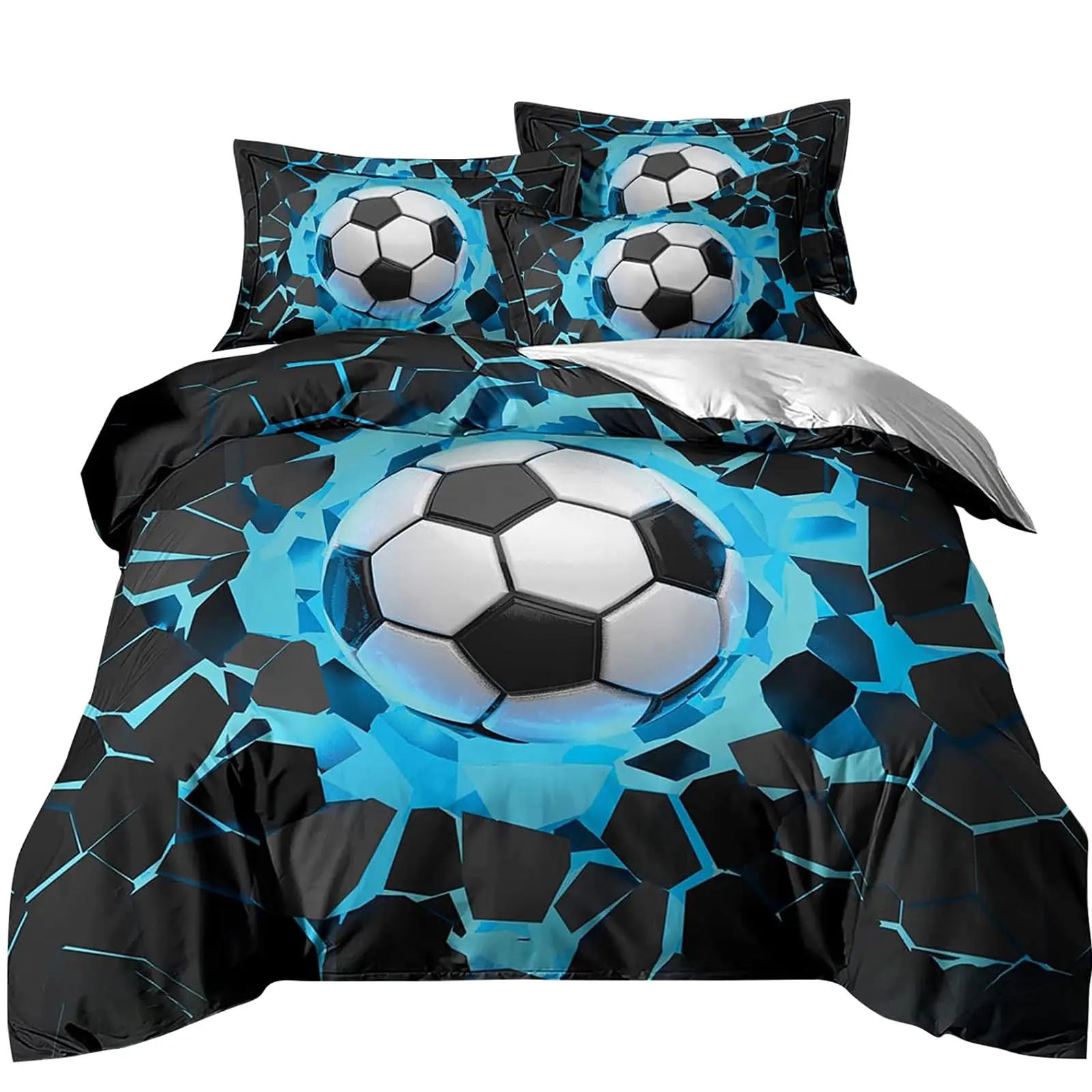 Blue Flame Soccer Duvet Cover Set Children Boys 3D Printed Football Quilt Cover Sets with 2 Pillowcases with Zipper Queen Size