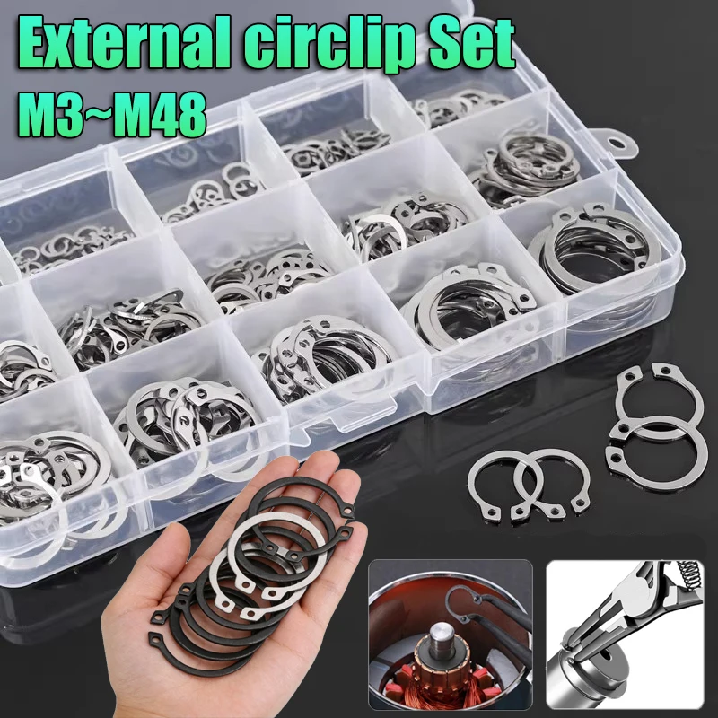 1Box C Clip External Circlip Snap Retaining Rings Set Stainless Steel/65 Manganese Steel 3-48mm Circlip Set GB894 for Shaft