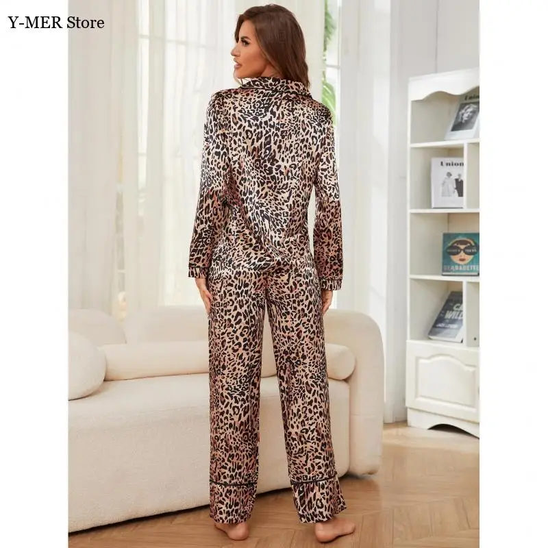Conjunto de pijamas de leopardo de luxo 2 peças pijama de cetim de seda falsa pijamas femininos camisa de manga longa calças roupas para casa pijamas mujer pjs