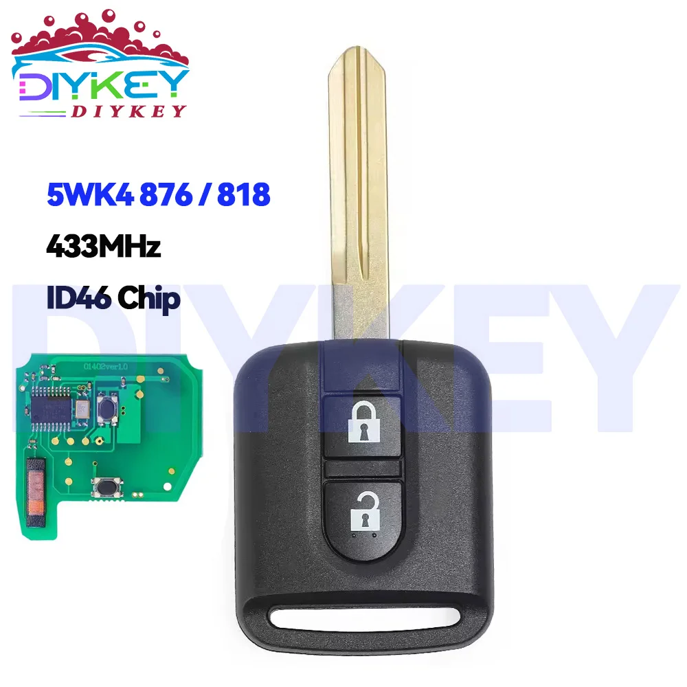 

DIYKEY 5WK4 876/818 PCF7946 ID46 чип для Nissan Elgrand X-TRAIL Qashqai Navara Micra Note NV200 2 кнопки 433 МГц пульт дистанционного управления