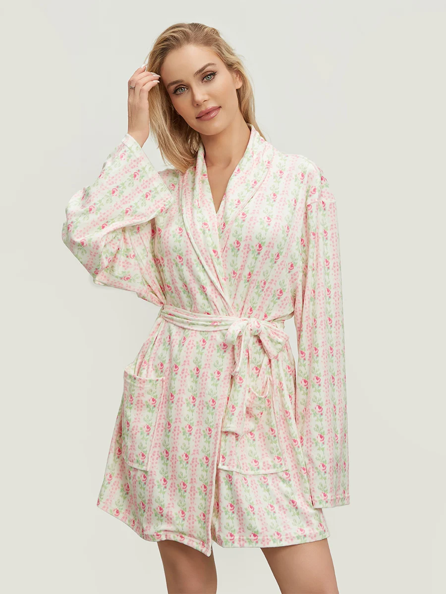 Frauen weichen Fleece lange Robe Luxus Blumen frucht Druck Flanell Schal Kragen Bademantel Bademantel warme Lounge Robe pjs Party