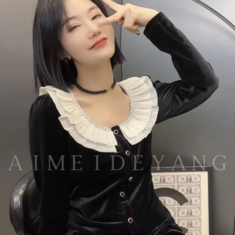 

Heavy industry beaded ruffle collar versatile long-sleeved gold velvet top