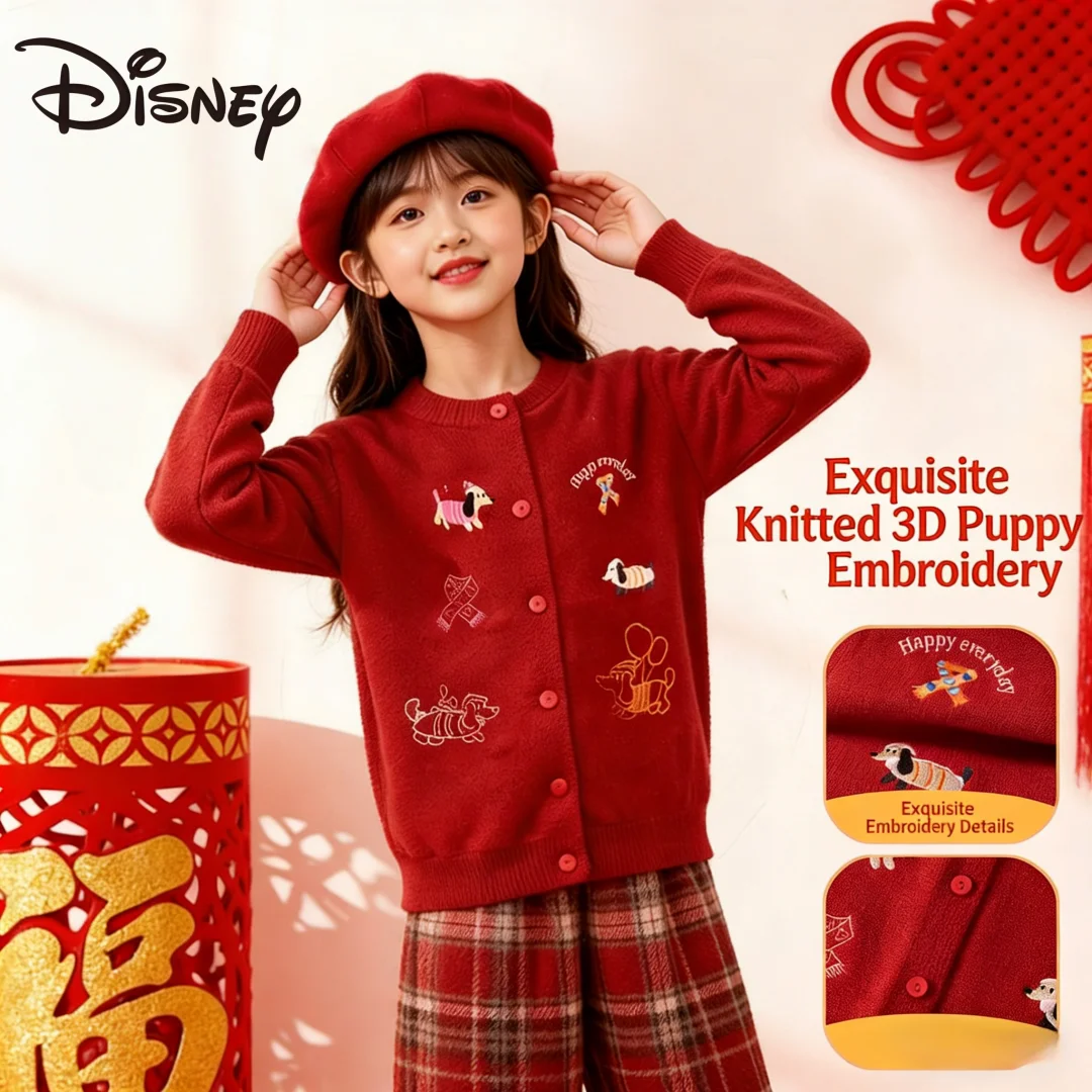 

Детский модный свитер Disney, кардиган, новогодний стиль для девочек, утепленный свитер, милый декор с вышивкой в виде щенка, морозостойкий свитер