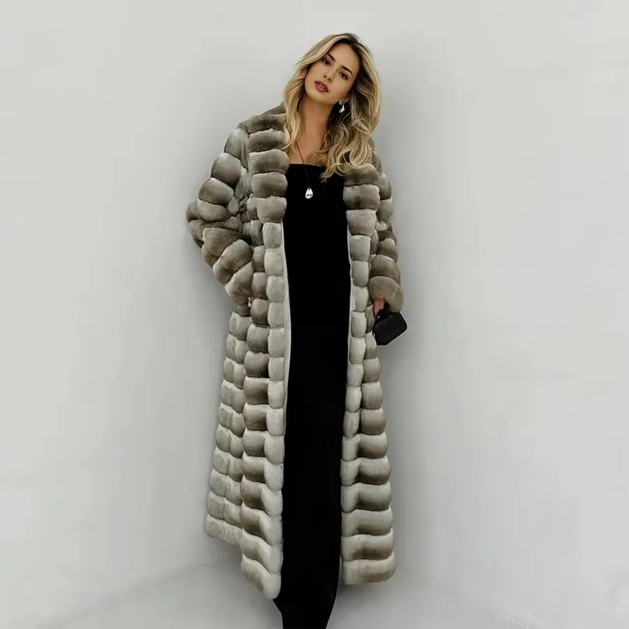 天然ウサギの毛皮のコートラペル付き女性の冬のロングファーコートリアルファーコートファッション高品質本革ジャケット