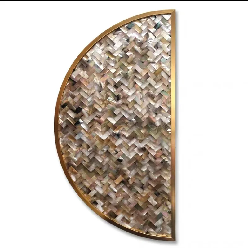 Modern light luxury semi-circular shell decorative painting, metal inlaid hotel office living room background wall painting