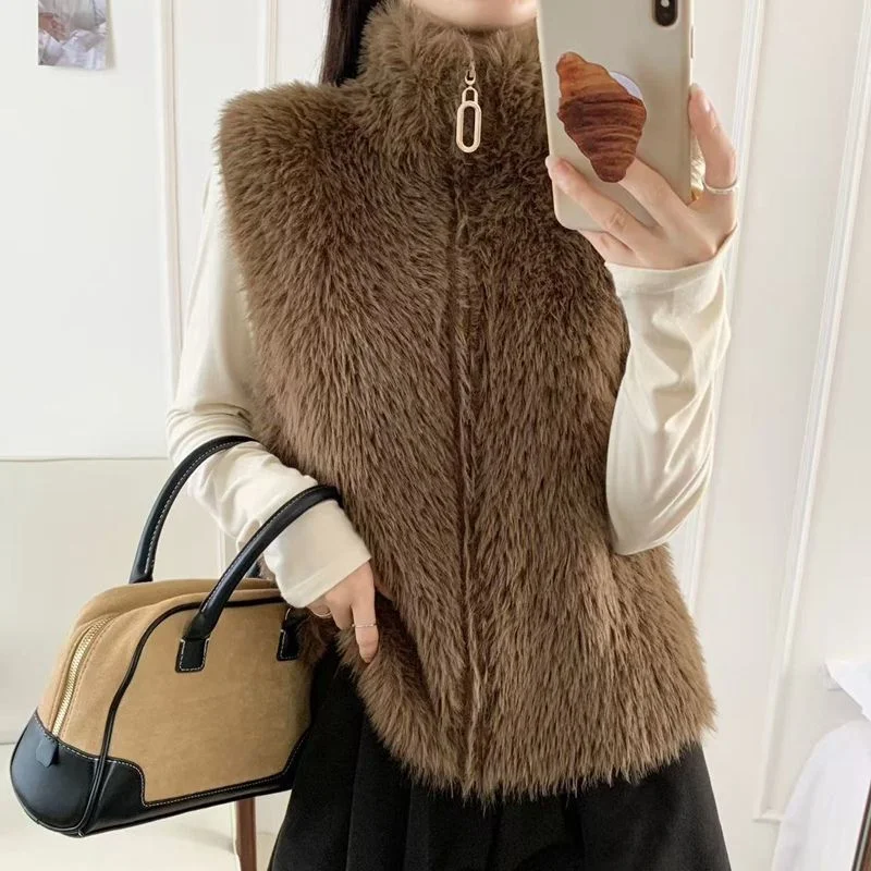 

Осенне-зимняя одежда, жилет из искусственного норкового меха, женский свободный топ большого размера на молнии, однотонная универсальная куртка без рукавов