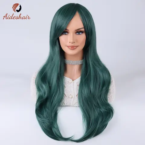 Aideshair 짙은 녹색 중간 섹션 대각선 앞머리 긴 곱슬 가발 여성용 내열성 섬유 합성 가발 일일 코스프레 파티