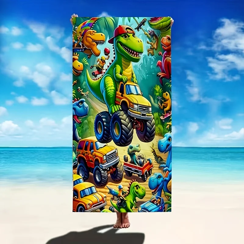 A Delightful Microfiber Beach Towel Featuring Playful Dinosaurs And Cool Cars! Bursting with Vibrant Colors And Lively Scenes