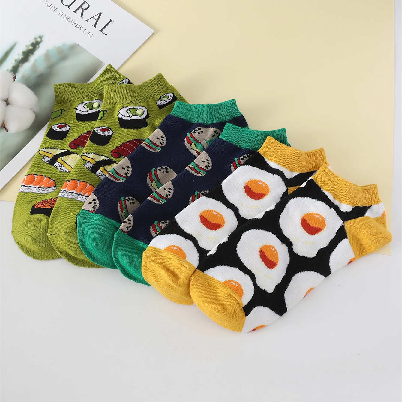 3 Pairs/Pack Women\'s Short Socks Sushi Burger Egg Food Printed Funny Cartoon Socks Spring Summer Breathable Cotton Ankle Socks