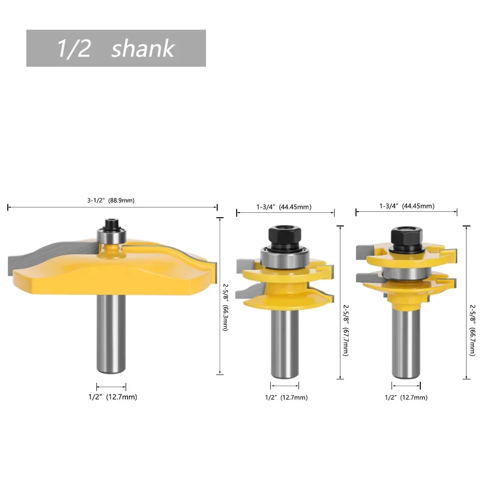 3pcs/set 12mm 1/2 Shank Door Panel Cabinet Tenon Router Bit Set Milling Cutter For Woodworking Cutters Cutting Tools