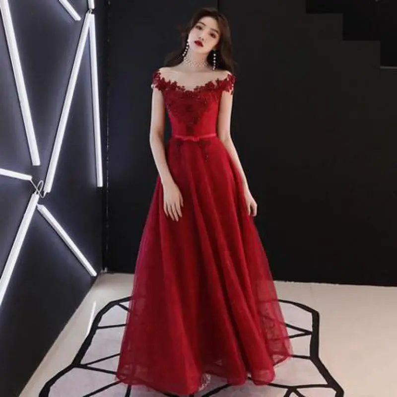 Red Flower Appliques Bride Wedding Party Dress Gown Off Shoulder Sexy Qipao Mesh Bandage Beads Cheongsam Female Belt Vestidos