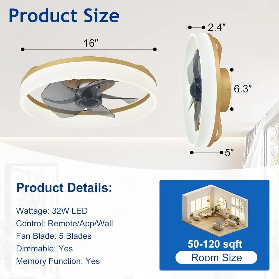 مروحة سقف LED حديثة منخفضة المستوى مع ضوء لغرفة النوم وغرفة المعيشة: تصميم ذهبي خافت بدون شفرات مع تطبيق