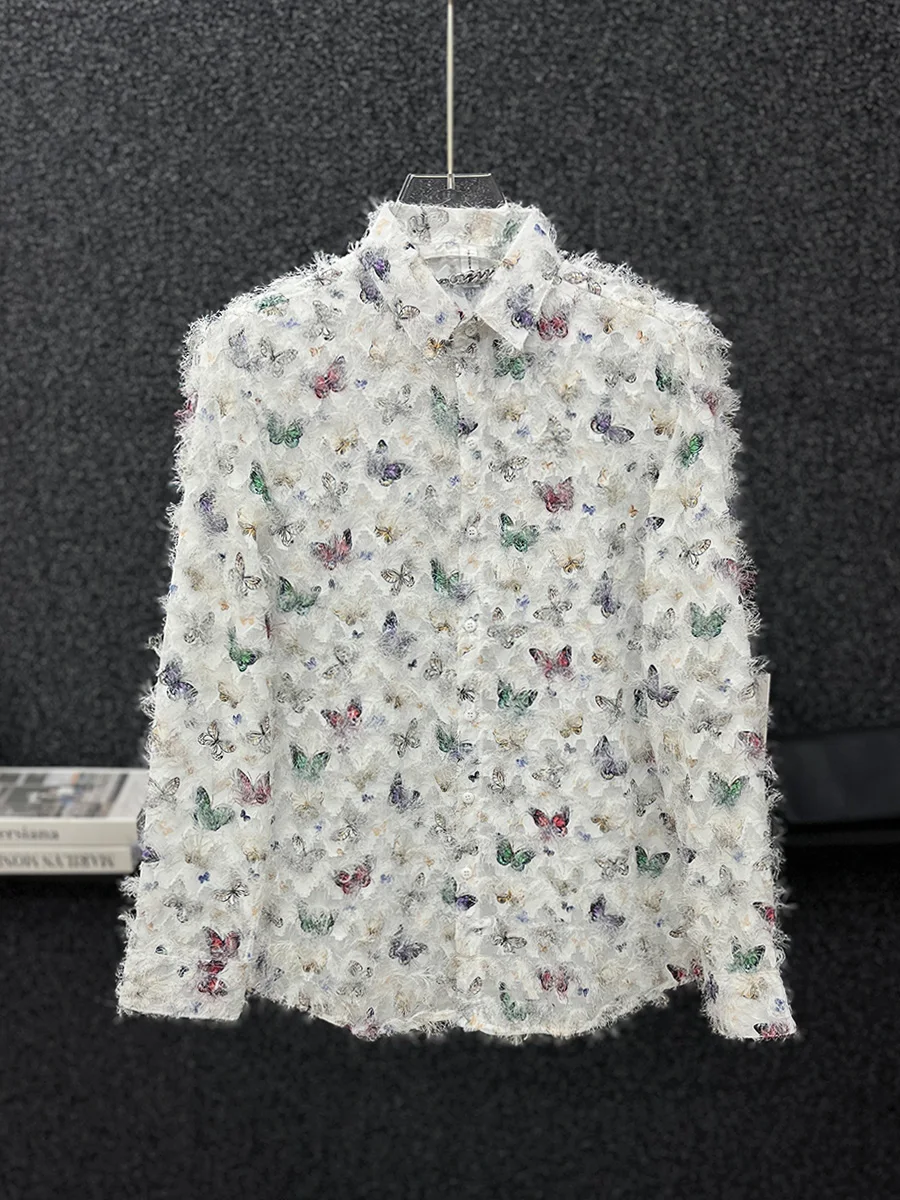 American Style Butterfly Print Male Tops Loose Long-sleeve Shirts Men's Handsome Fashion Tassels Rough Edge Design Casual Shirt