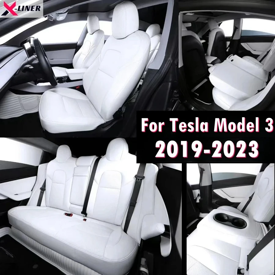 Full Set Car Seat Covers For 2019-2023 Tesla Model 3 Nappa PU Leather Front & Rear Seat Cover Cushion Protectors Interior Access