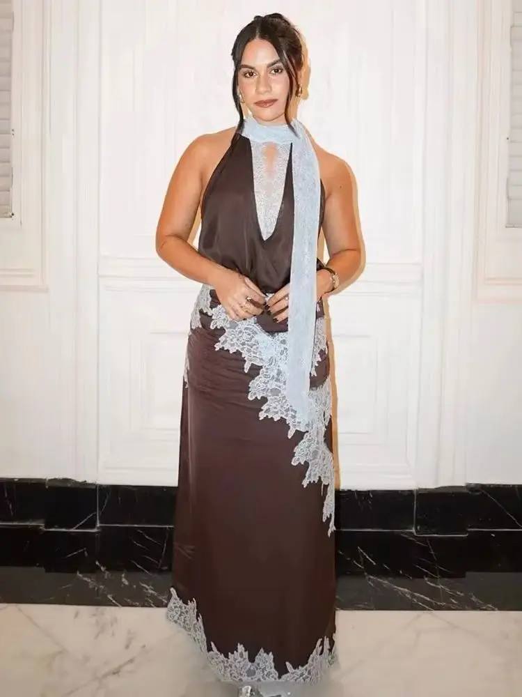 

HH Woman Summer Elegant 2 Piece Set Lace Patchwork V-Neck Decoration Short Top+New Fashion Mid Waist Zipper Slim Midi Skirt