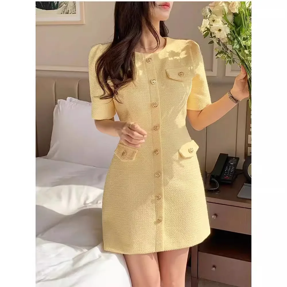 

Women's Summer Temperament Coarse Tweed Bubble Sleeved Dress