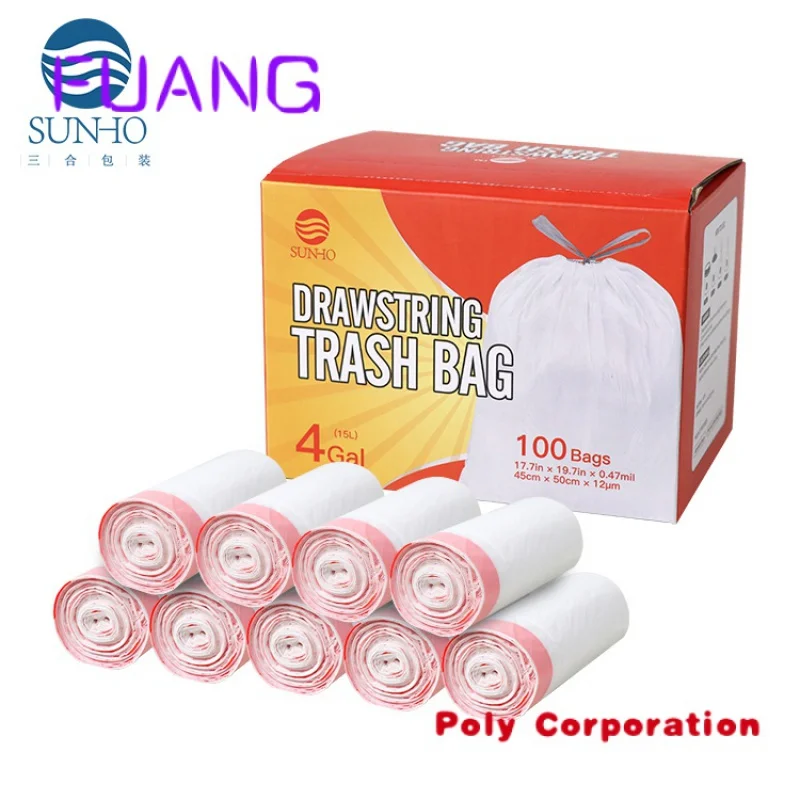 Custom  Custom Design Large Strong Eco Friendly 5 13 30 39 Gallon Drawstring Garbage Bags Can Bin liner Heavy Duty Refuse Trash 