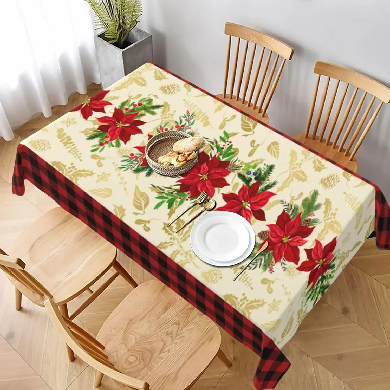 Christmas Holly Berries Flower Waterproof Tablecloth Winter Xmas Party Decor Reusable Rectangle Table Cloth Christmas Decoration