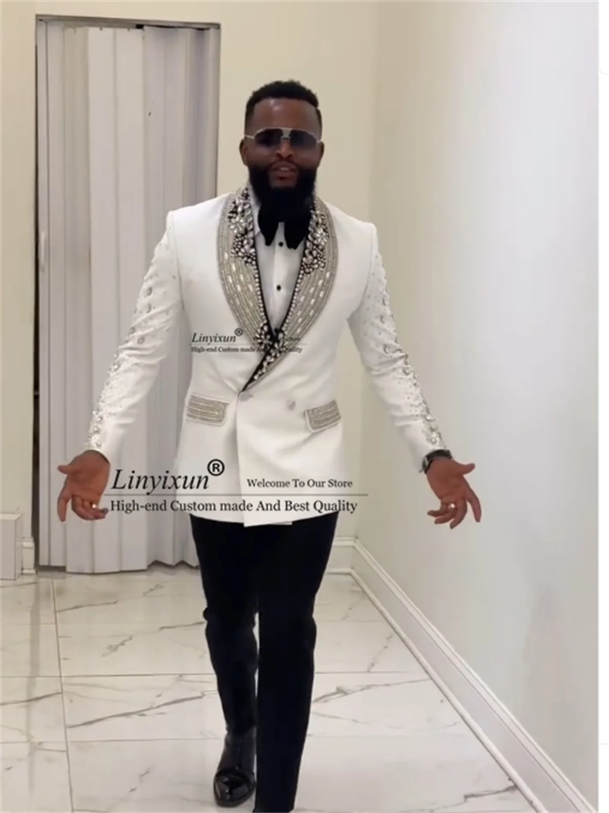 

High End Crystal Bead Men Suit Customized Wedding Groom Tuxedo 2 Piece Sets trajes para hombre Double Breasted Male Prom Blazers
