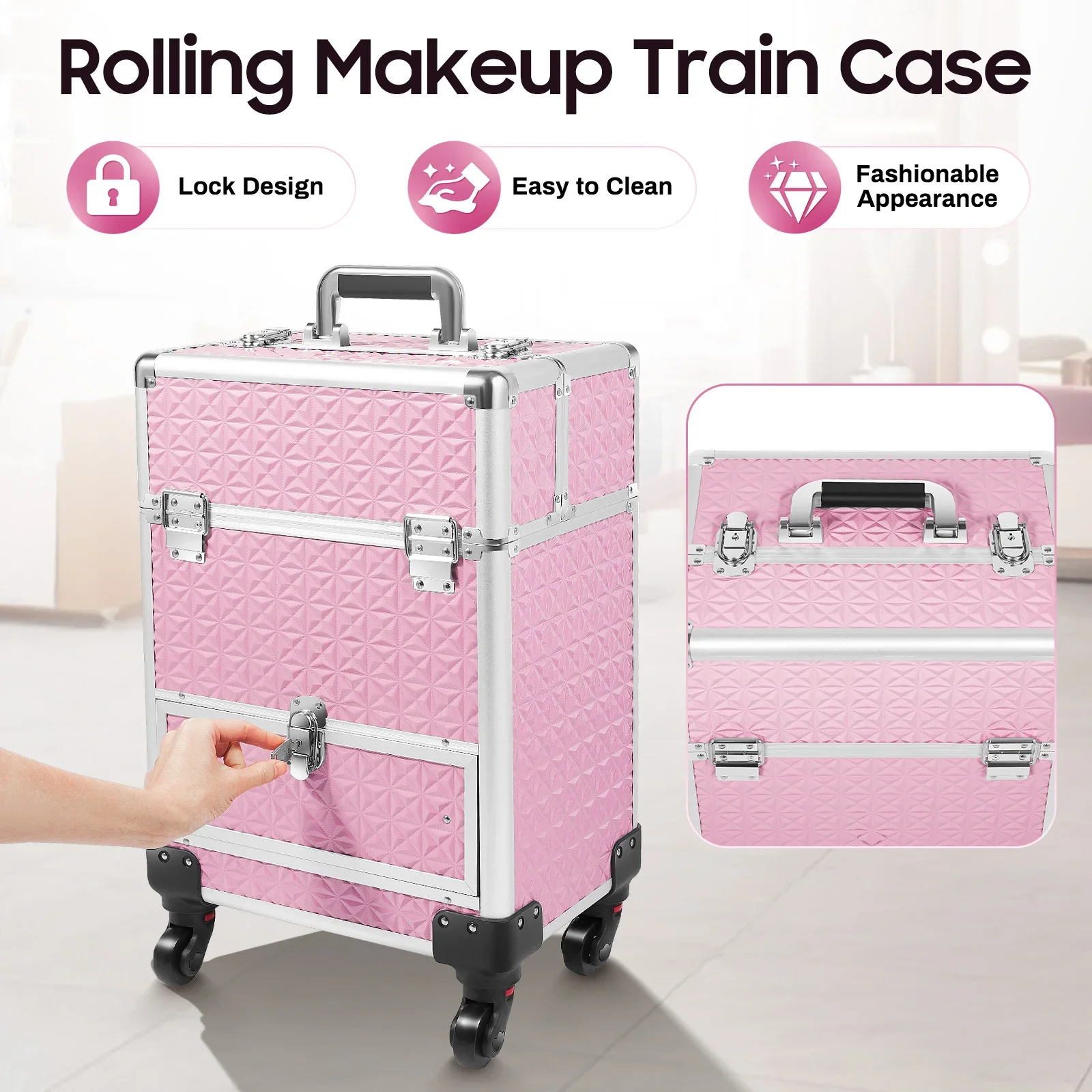 

Rolling Makeup Train Case with Drawer and Nail Case for Manicure Storage, Ideal for Hair Stylists, Pet Groomers, Makeup Artists