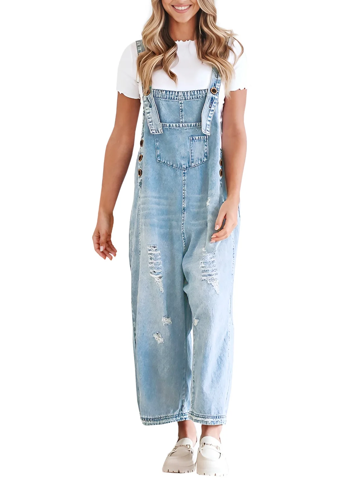 

Women's Casual Wide Leg Denim Overalls Summer Loose Adjustable Strap Distressed Bib Jeans Overall Jumpsuits With Pocket