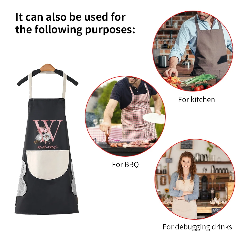 Customized Personality Name Kitchen Aprons for Men Women Home Chef Baking Clothes with Pockets Adult Bib 26 Letter Work Apron