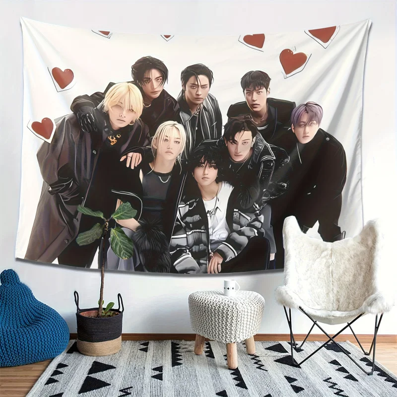 VIKAMA Stray Kids Member Illustration Tapestry K-Pop Fan Support Wall Hanging with Heart Elements for Bedroom Decor