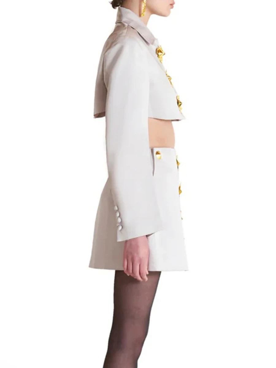 TWOTWINSTYL الصلبة تقسم الترتر قطعتين مجموعات للنساء التلبيب طويلة الأكمام البنطال القصير تنورة عالية الخصر مجموعة الموضة الإناث جديد #3