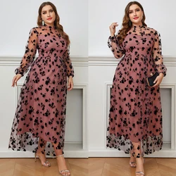 Women Plus Size Midi Dresses Long Sleeve Mesh Dress Luxury Designer Long Large Chic Elegant Turkish Evening Party Robe Clothing