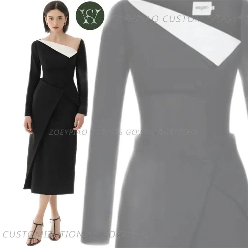 Vestido de noite formal com duração de chá, vestidos casuais, mangas completas, cetim fosco elástico, preto ou branco, festa, 2024