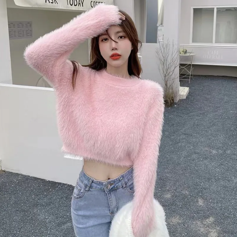 Women\'s Fall/Spring Long Sleeve Knitted Velvet Sweater Solid Color Round Neck Sweet Casual Versatile Cropped Tops Pullover