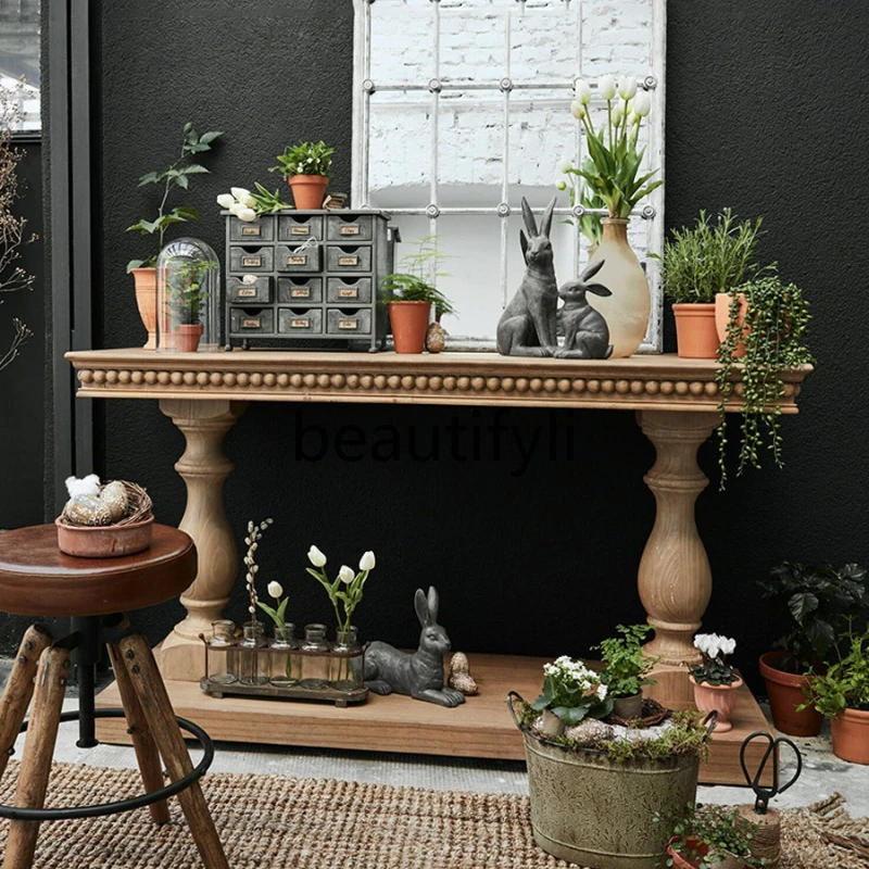 

French Retro Dining Table All Solid Wood Distressed Dining Table European Style Rectangular Office Conference Table Workbench