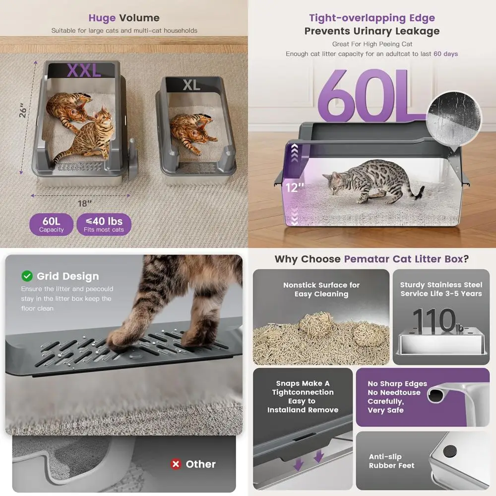 

Extra Large 26x18x12 Stainless Steel Litter Box with Lid for Big Cats or Multiple Cats - Odorless, Leak-Proof, Easy to Clean
