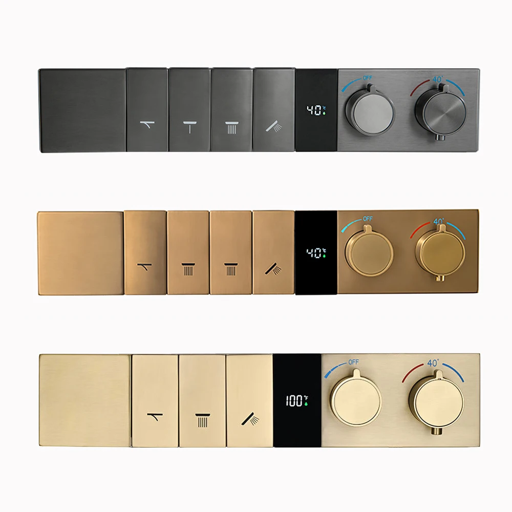 Mitigeur thermostatique Qlonn 3/4 fonctions à bouton avec affichage de la température, robinet de douche encastré, inverseur de douche en laiton pour salle de bain
