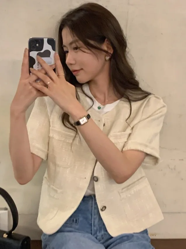 Chic été vintage petit parfum Sle bouton rond Multi ket effiloché ort Sve Jaet pour femme polyvalent mince Ma...