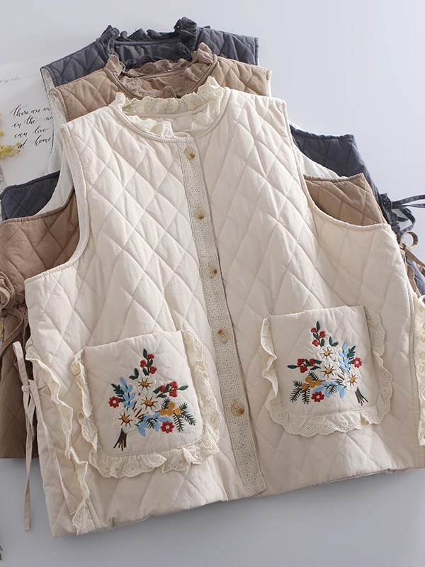 

Sweet Japanese Sle Floral Embroidered Cotton Vest with ket Lace Collar Side Tie Women's Loose Fit Thiened Winter Jaet