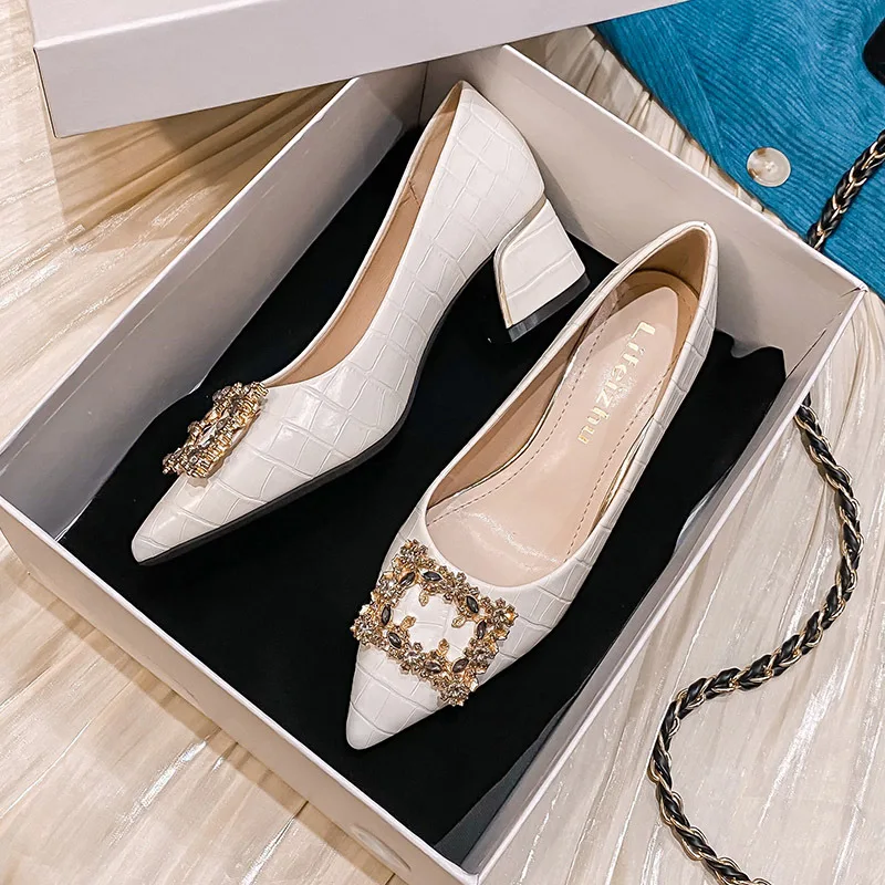 Plus Size Shoes for Women Chunky Heels Pumps New Girl Pointed Toe High Heels Shoes Rhinestone Dress Shoes