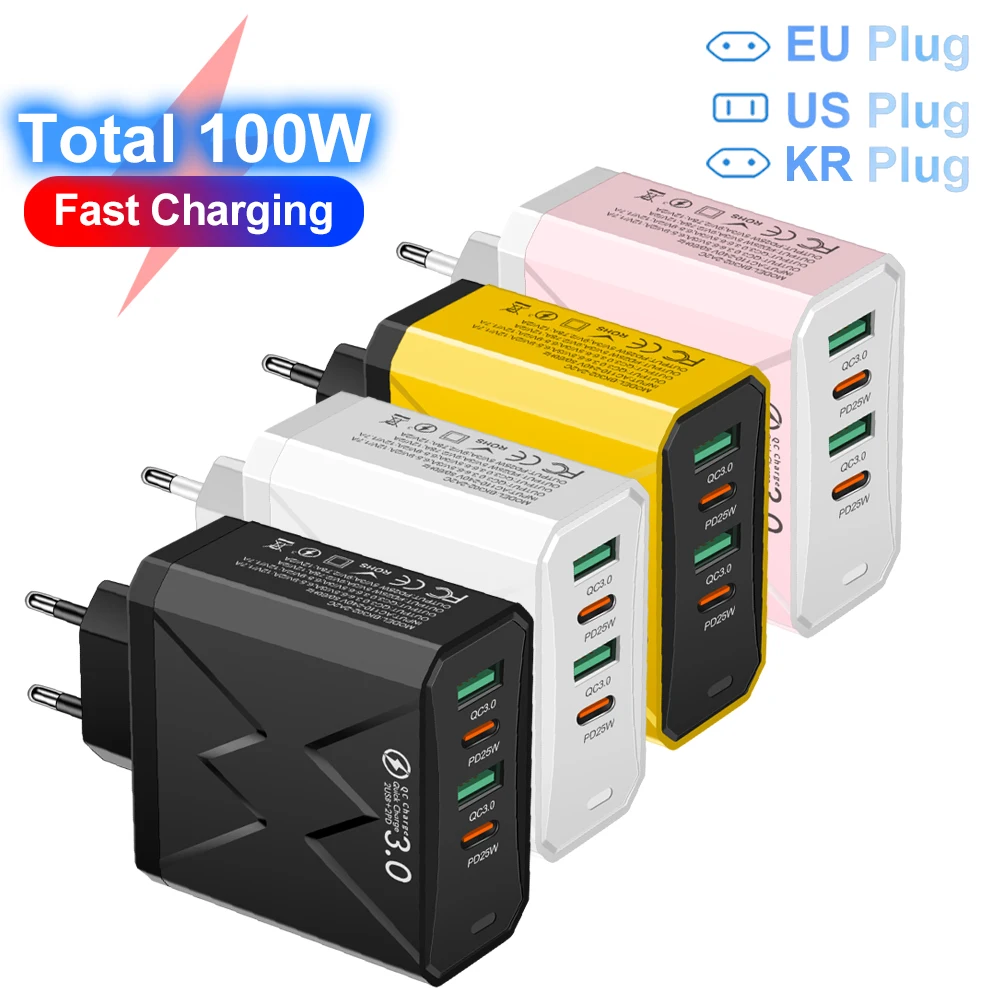 Total 100W 2USB 2PD Charger Fast Charging Quick Charge 3.0 Travel Charger For iPhone Samsung Huawei Xiaomi Mobile Phone Charger