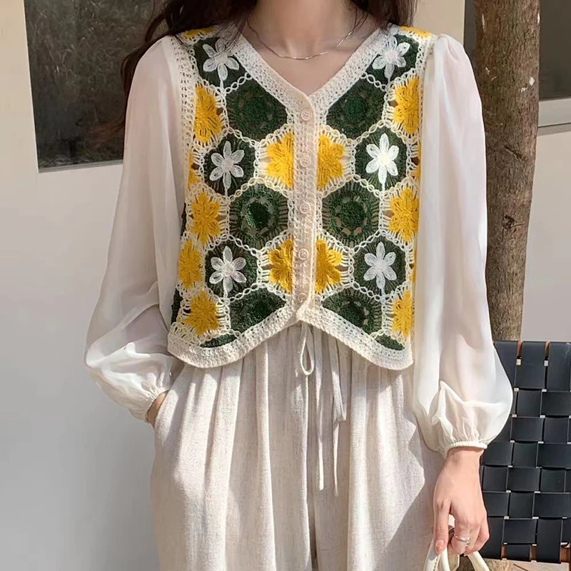 Women Crochet Knit Top Chiffon Sleeve Button Down Granny Square Knit Blouse Cardigan Teen-girl Spring Summer Fairycore Outfit