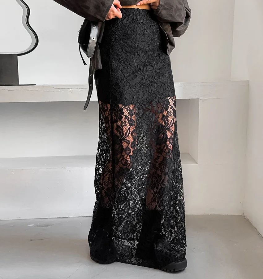 Summer Hollowed Out Lace Skirt For Women Elegant A-line Long Black Skirt Perspective Black Lace Dress Women