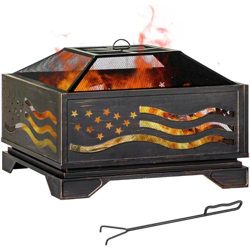 

Metal Square Outdoor Fire Pit with Spark Screen and Poker for Backyard Wood Burning