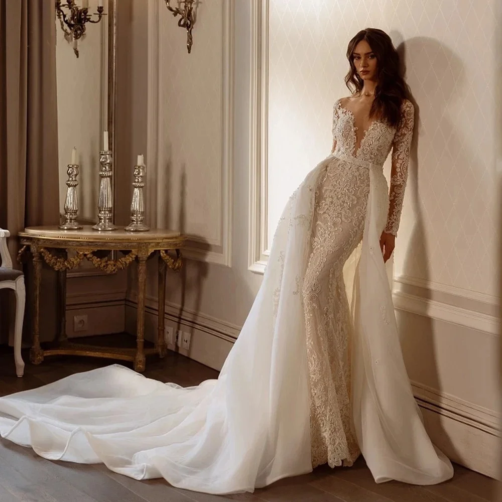 

Elegant Mermaid Bridal Dresses Long Sleeve Detachable Train Wedding Dress Tailor Made Lace Appliques Bride Gowns